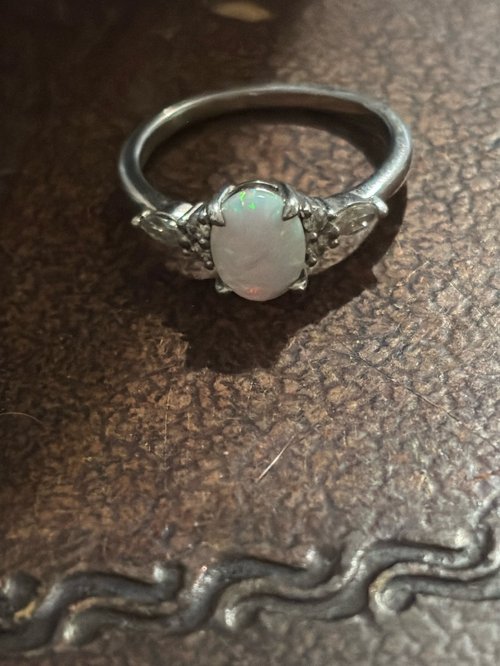 Sterling Silver White Opal Oval Ring with Accent Stones